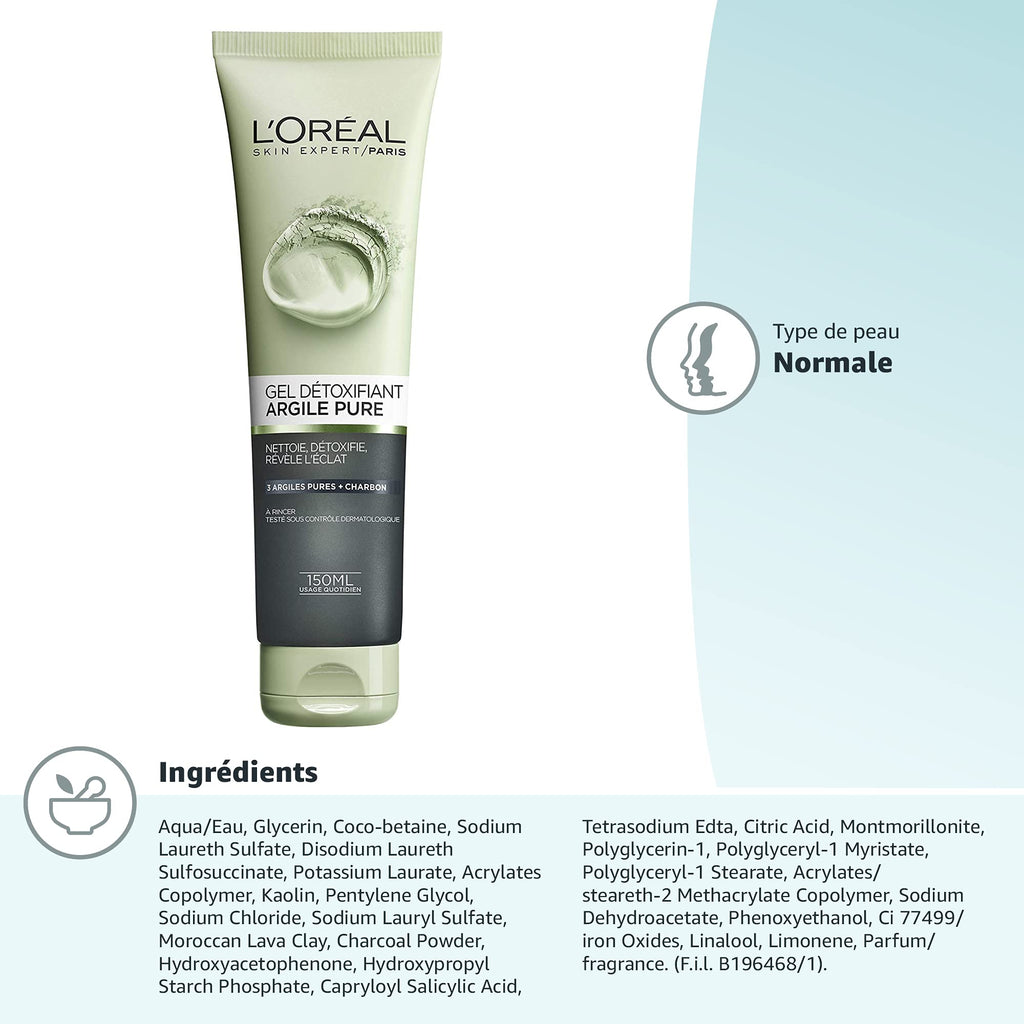 L'Oréal Gel Nettoyant - Gel Détoxifiant Visage Argile Pure et au Charbon